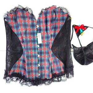 Victoria's Secret Adore Me Plaid Corset Lingerie Set Bustier Black Lace Boned Lg